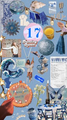 a collage of photos with blue and white items on it, including balloons, flowers, candles, and other things