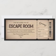 a ticket for an escape room with a key on the front and barcodes on the back