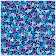 blue and purple flowers are arranged in an intricate pattern on a black background with white border