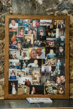 a family photo collage is displayed on a mantle in front of a stone wall