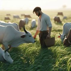 a man standing in the middle of a field with cows