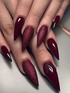 85+ Gorgeous Burgundy Stiletto Nail Designs and Ideas | Sarah Scoop Fall Deep Red Nails, Thanksgiving Stilleto Nails, Stilleto Winter Nail Design, Wine Colored Nails Acrylic, Cranberry Acrylic Nails, Gothic Romance Nails, Ombre Stiletto Nails Long, Plum Nail Ideas, November Stiletto Nails