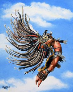 a painting of a man with feathers on his head and arms, flying through the air