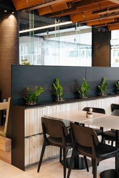 an empty restaurant with tables and chairs, plants on the back wall behind the counter