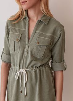 Work, Weekend, and Everything In between, Where utility gets a stylish upgrade. Featuring snap details, adjustable drawcord and a shirt tail hem. Perfect for errands or leisurely brunches, this dress is a versatile essential for the woman on the move. This garment dye jumpsuit features perfectly lived it natural look. Made with 100% traceable mineral dyes that are naturally beautiful, eco-friendly, and biodegradable. Natural dyes are an excellent alternative to petroleum-based dyes that dominate 2023 Tops, 2025 Summer, Chic Top, Mini Dress Casual, Naturally Beautiful, Natural Look, Natural Dyes, Elegant Dresses, Sustainable Fashion