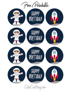 printable birthday cupcake toppers with spaceman and rocket ship on the bottom