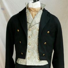 Man's Daytime ensemble in 5 pieces for the English Regency Bridgerton Era The daytime single breasted tailcoat is made in navy blue wool, is fully lined, and has 2 functioning inside chest pockets.  The final accent is the lovely antiqued gold buttons.  The center front does not button closed. Double breasted Regency vest is made in cream Damask brocade,and has 2 functioning hip pockets, is fully lined and has an adjustable back belt.  Buttons can be gold or self covered. English Regency Fall Fr Regency Mens Fashion, 1800s Mens Fashion, Regency Wedding, Mens Wedding Suits, Wedding Tux, Regency Era Fashion, Double Breasted Vest, Formal Evening Wear, Regency Fashion