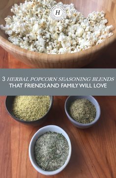 three bowls filled with different kinds of food on top of a wooden table next to each other