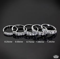 four different types of wedding rings on a black surface with the price tag below them