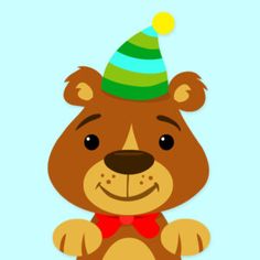 a brown bear wearing a party hat and sitting down with its paws on the ground