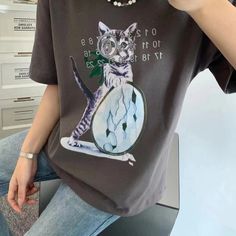 Olivia Mark - Silver Embroidered Cat Print Short Sleeve T-shirt with Round Disc Design Disc Design, Embroidered Cat, Cute Tshirts, Cat Print, Types Of Collars, Sleeve Cotton, Cotton Shorts, Neck Designs, Clothing Patterns