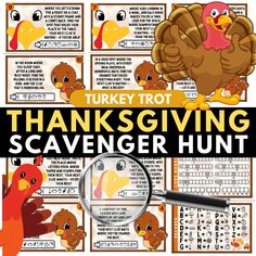 turkey trot thanksgiving scavenger hunt with pictures and words to help students learn how to use it