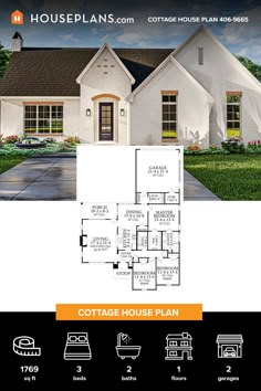 the cottage house plan is shown with three bedroom, two bathrooms and an attached garage