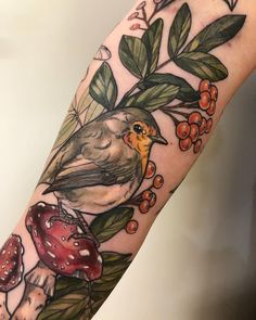 a bird sitting on top of a tree branch with berries and leaves around its neck