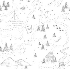 a black and white drawing of a small cabin in the woods with trees, snow, and stars