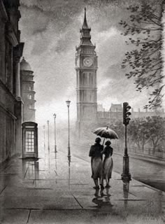 two people are walking down the street in the rain with an umbrella over their heads