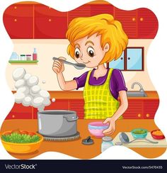 a woman cooking in the kitchen with a spoon and pot on the counter illustration for children