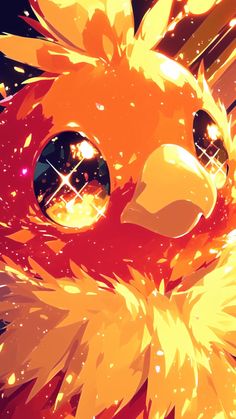 an orange bird with black eyes and yellow feathers on it's head is surrounded by stars