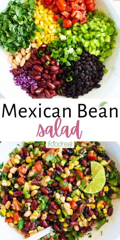 mexican bean salad in a white bowl with lime wedges