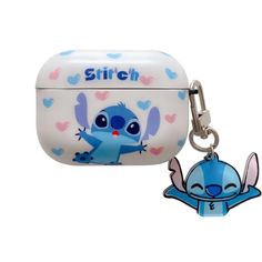 an airpods case with stitch on it and a keychain attached to it