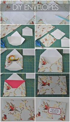 the instructions for how to make envelopes with flowers and birds on them are shown