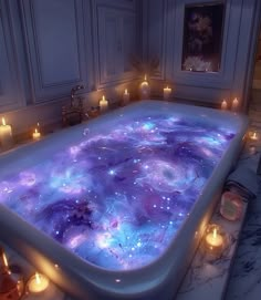 an inflatable bathtub with candles around it and stars on the water inside