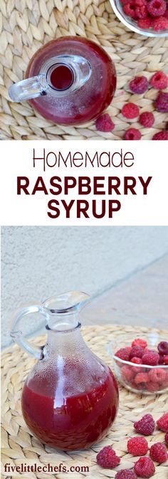 homemade raspberry syrup in a glass pitcher