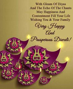 happy diwali greeting card with purple flowers and candles on the occasion of diwali