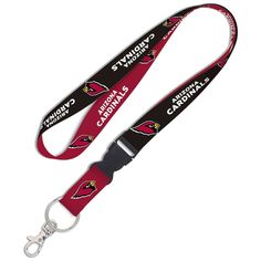 a lanyard strap that has the logo on it and is red with black trim