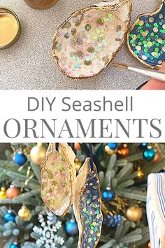 diy seashell ornament hanging on a christmas tree with gold and blue ornaments