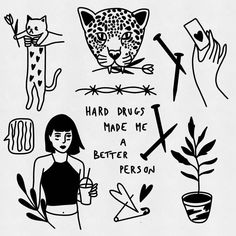 black and white drawing of different types of animals, plants and people with words written on them