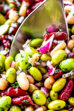 a close up of a spoon in a bowl filled with beans and other food items