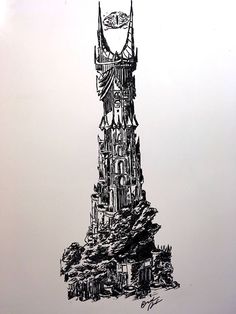 a black and white drawing of a tower with a clock on it's side