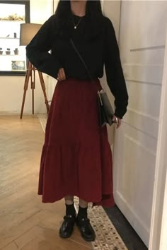 High Waist Solid A-Line Wine Red Long Skirts – Tomscloth Red Maxi Skirt Outfit Aesthetic, Maxi Skirt For Work, Long Skirt With Sweater Outfit Winter, Maxi Skirt And Docs, Red Skirt Outfit Hijab, Long Maroon Skirt Outfit, Midi Red Skirt Outfit, Long Burgundy Skirt Outfit, Winter Outfit With Long Skirt