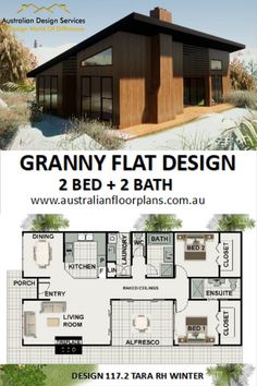 the granny flat design has two beds and 2 bathrooms