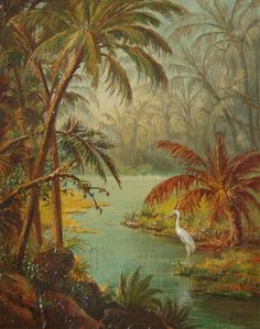 an oil painting of a tropical scene with birds and palm trees in the foreground