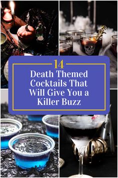 Collage of 4 death themed cocktails. Themed Cocktail Recipes, Zombie Cocktail, Blackberry Drinks, Bachelorette Cocktails, Themed Cocktails, Pitcher Cocktails, Horror Movie Night, Drink Names