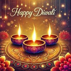 happy diwali greeting card with three lit candles on a floral design and fireworks in the background