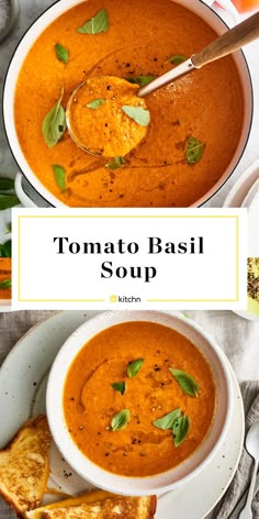 tomato basil soup in a white bowl with toast on the side and an overhead photo