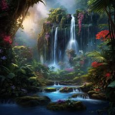 a painting of a waterfall surrounded by lush green trees and flowers in the foreground