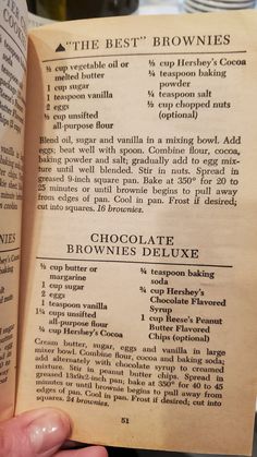 an old recipe book is open to show the ingredients and instructions for chocolate brownies