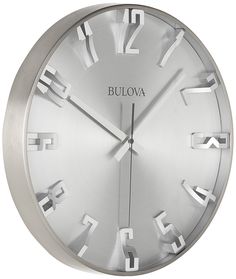 a silver clock with roman numerals on the face and numbers around the hour