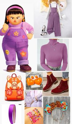 a collage of different items including shoes, clothing and accessories for doll - like people