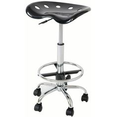 a black stool with wheels on the back and foot rests up against a white background