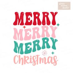 merry christmas lettering with stars and snowflakes on the bottom, in pink and green