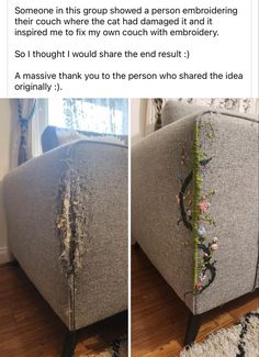 a couch that has been decorated with flowers and vines on it, is shown in two different ways