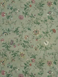 an old wallpaper with flowers and leaves on it's side, in shades of green