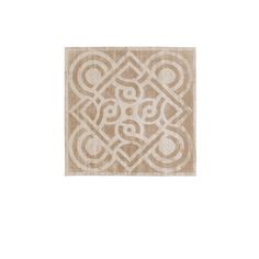 a beige and white rug with an intricate design on the bottom, in front of a white background