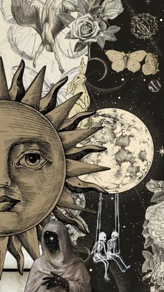 the sun and moon are depicted in this artistic drawing by an artist who has been drawn on