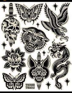 an assortment of tattoo designs on white paper